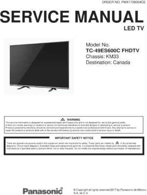 Panasonic tc 49es600 49es600c service manual cover with photo of the television, TV type, chassis code, model code, creation date and document number