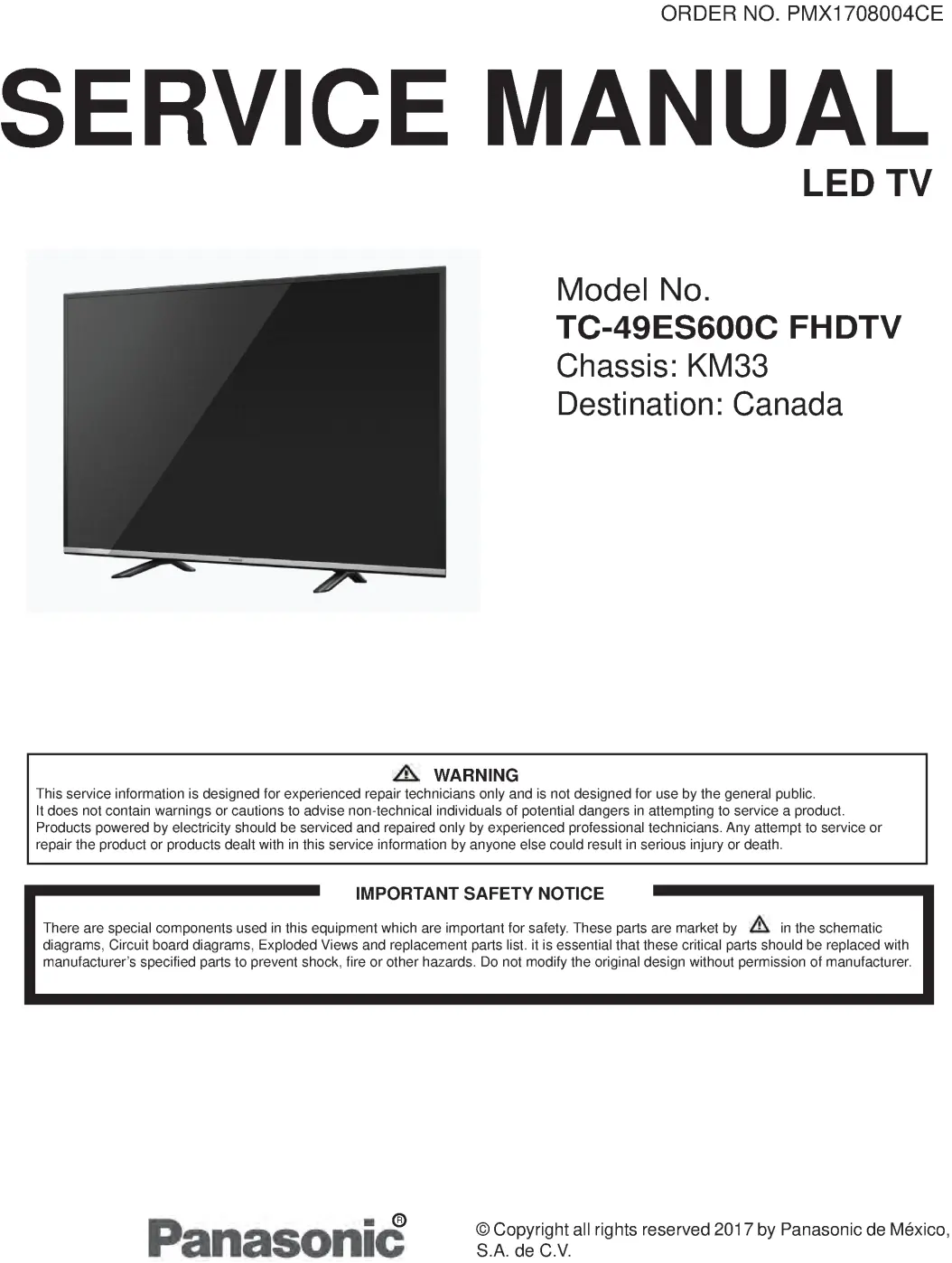 Panasonic tc 49es600 49es600c service manual cover with photo of the television, TV type, chassis code, model code, creation date and document number