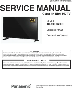 Panasonic tc 49ex600 49ex600c service manual cover with photo of the television, TV type, chassis code, model code, creation date and document number