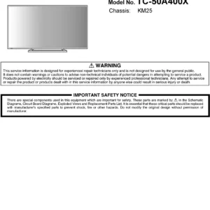 Panasonic tc 50a400x service manual cover with photo of the television, TV type, chassis code, model code, creation date and document number