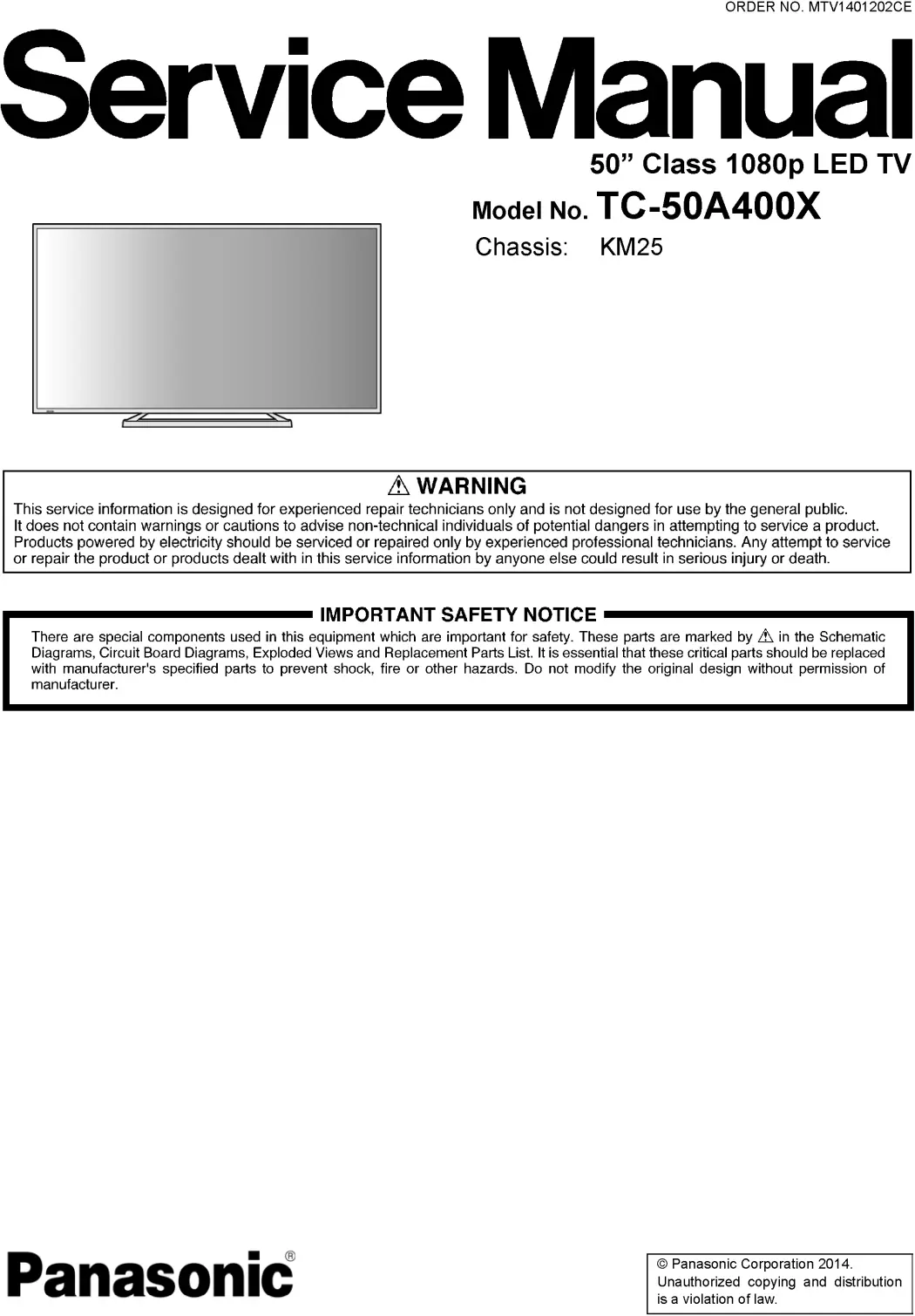 Panasonic tc 50a400x service manual cover with photo of the television, TV type, chassis code, model code, creation date and document number