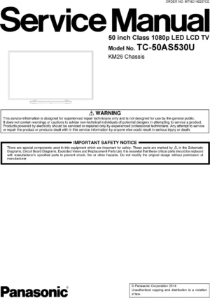 Panasonic tc 50as530u 50as540c 50as530ue service manual cover with photo of the television, TV type, chassis code, model code, creation date and document number