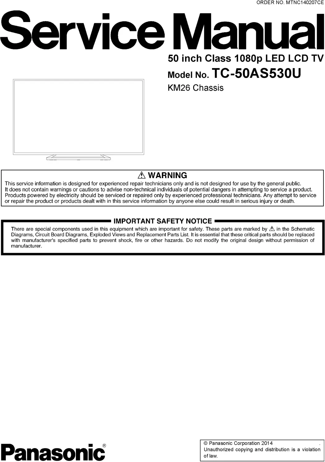 Panasonic tc 50as530u 50as540c 50as530ue service manual cover with photo of the television, TV type, chassis code, model code, creation date and document number