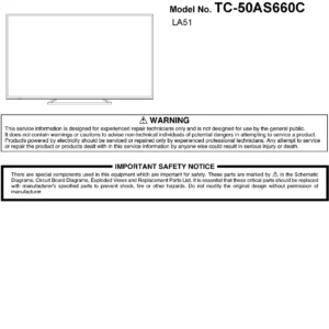 Panasonic tc 50as650ue service manual cover with photo of the television, TV type, chassis code, model code, creation date and document number