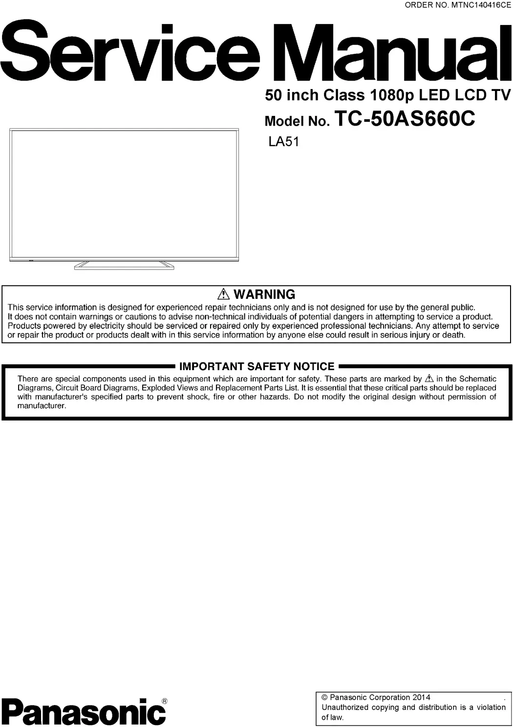 Panasonic tc 50as650ue service manual cover with photo of the television, TV type, chassis code, model code, creation date and document number