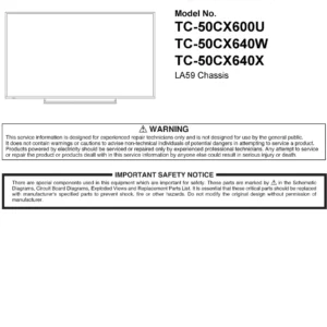 Panasonic tc 50cx600u 50cx640w 50cx640x service manual cover with photo of the television, TV type, chassis code, model code, creation date and document number