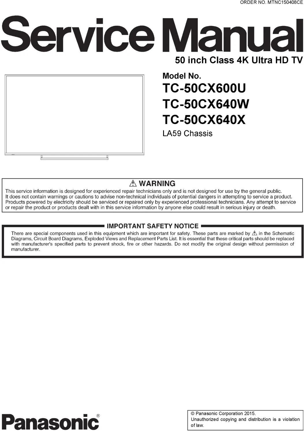 Panasonic tc 50cx600u 50cx640w 50cx640x service manual cover with photo of the television, TV type, chassis code, model code, creation date and document number