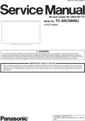 Panasonic tc 50cx600u service manual cover with photo of the television, TV type, chassis code, model code, creation date and document number