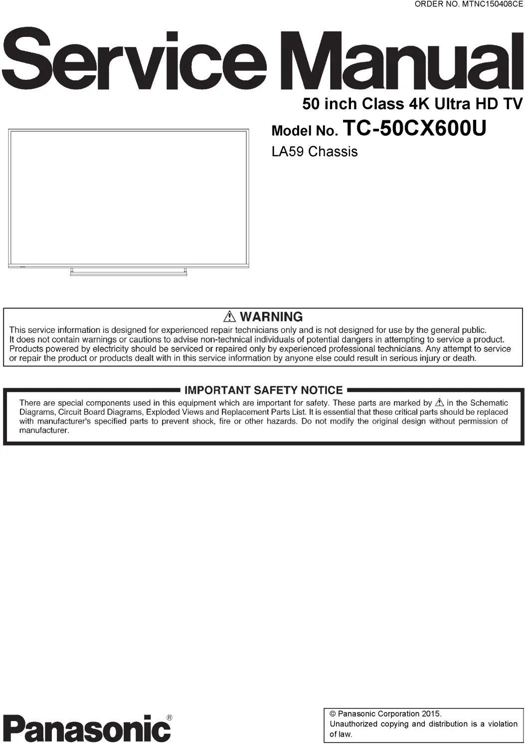 Panasonic tc 50cx600u service manual cover with photo of the television, TV type, chassis code, model code, creation date and document number