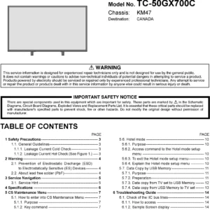 Panasonic tc 50gx700 50gx700c service manual cover with photo of the television, TV type, chassis code, model code, creation date and document number
