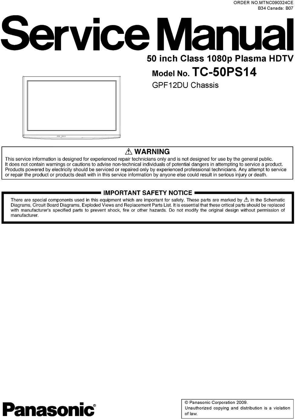 Panasonic tc 50ps14 service manual cover with photo of the television, TV type, chassis code, model code, creation date and document number
