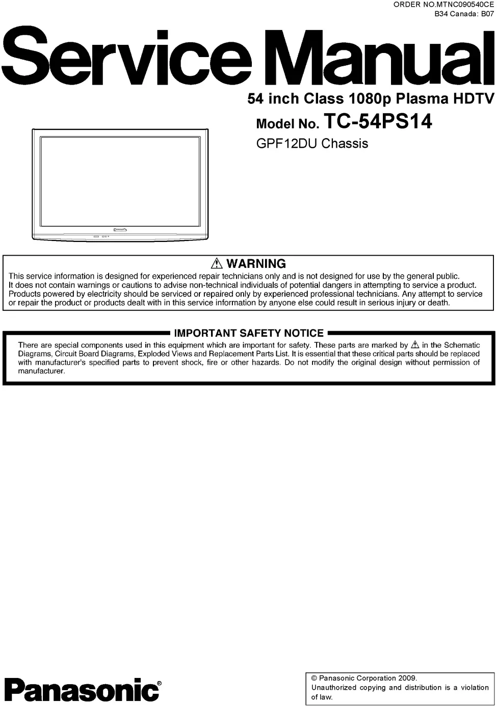 Panasonic tc 54ps14 service manual cover with photo of the television, TV type, chassis code, model code, creation date and document number