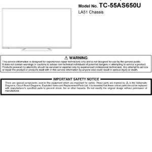 Panasonic tc 55as650u 55as660 55as660c service manual cover with photo of the television, TV type, chassis code, model code, creation date and document number
