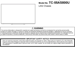 Panasonic tc 55as800u service manual cover with photo of the television, TV type, chassis code, model code, creation date and document number
