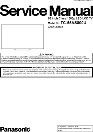 Panasonic tc 55as800u service manual cover with photo of the television, TV type, chassis code, model code, creation date and document number