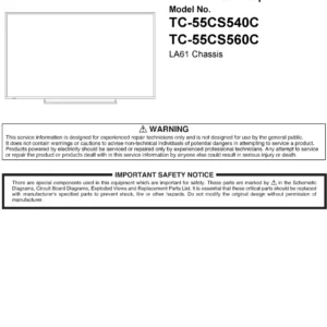 Panasonic tc 55cs560c 55cs540c service manual cover with photo of the television, TV type, chassis code, model code, creation date and document number