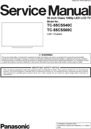 Panasonic tc 55cs560c 55cs540c service manual cover with photo of the television, TV type, chassis code, model code, creation date and document number