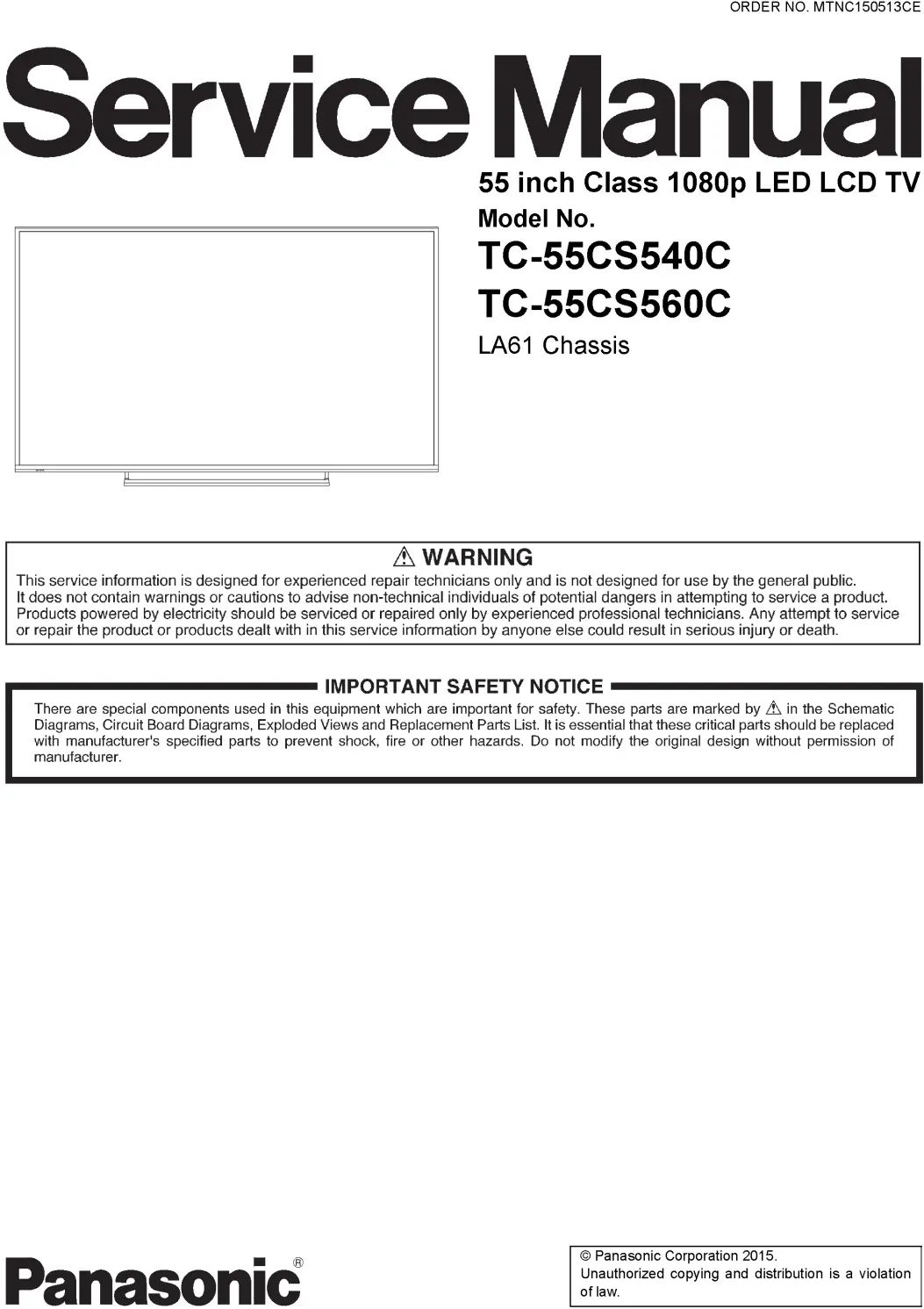 Panasonic tc 55cs560c 55cs540c service manual cover with photo of the television, TV type, chassis code, model code, creation date and document number