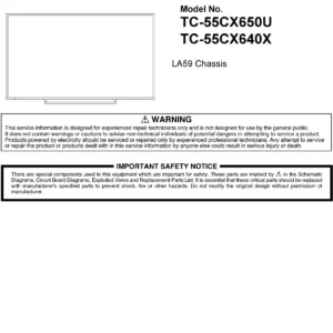 Panasonic tc 55cx650u 55cx640x service manual cover with photo of the television, TV type, chassis code, model code, creation date and document number