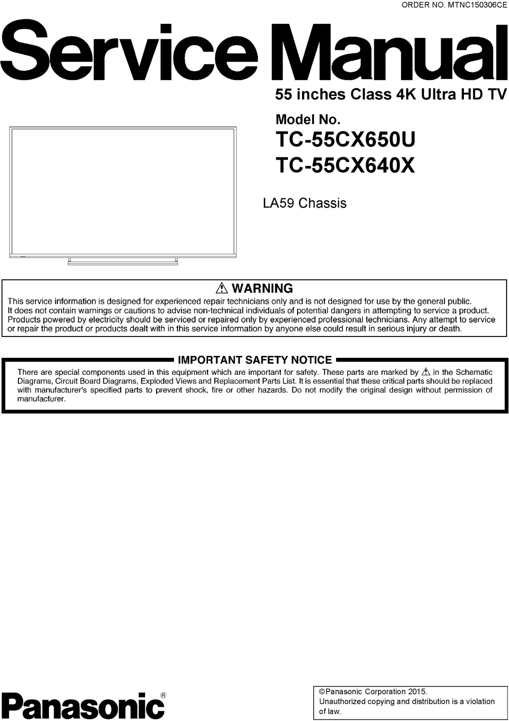Panasonic tc 55cx650u 55cx640x service manual cover with photo of the television, TV type, chassis code, model code, creation date and document number