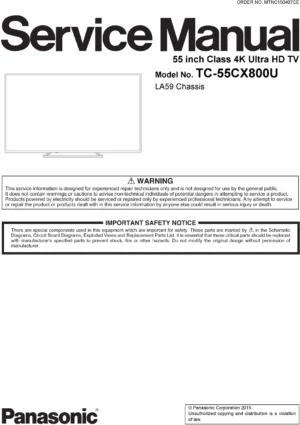 Panasonic tc 55cx800u service manual cover with photo of the television, TV type, chassis code, model code, creation date and document number