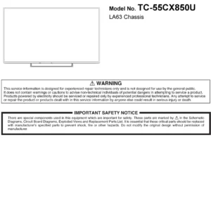 Panasonic tc 55cx850u service manual cover with photo of the television, TV type, chassis code, model code, creation date and document number