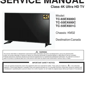 Panasonic tc 55ex600c 55ex601c 65ex600c service manual cover with photo of the television, TV type, chassis code, model code, creation date and document number