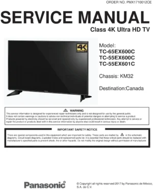 Panasonic tc 55ex600c 55ex601c 65ex600c service manual cover with photo of the television, TV type, chassis code, model code, creation date and document number