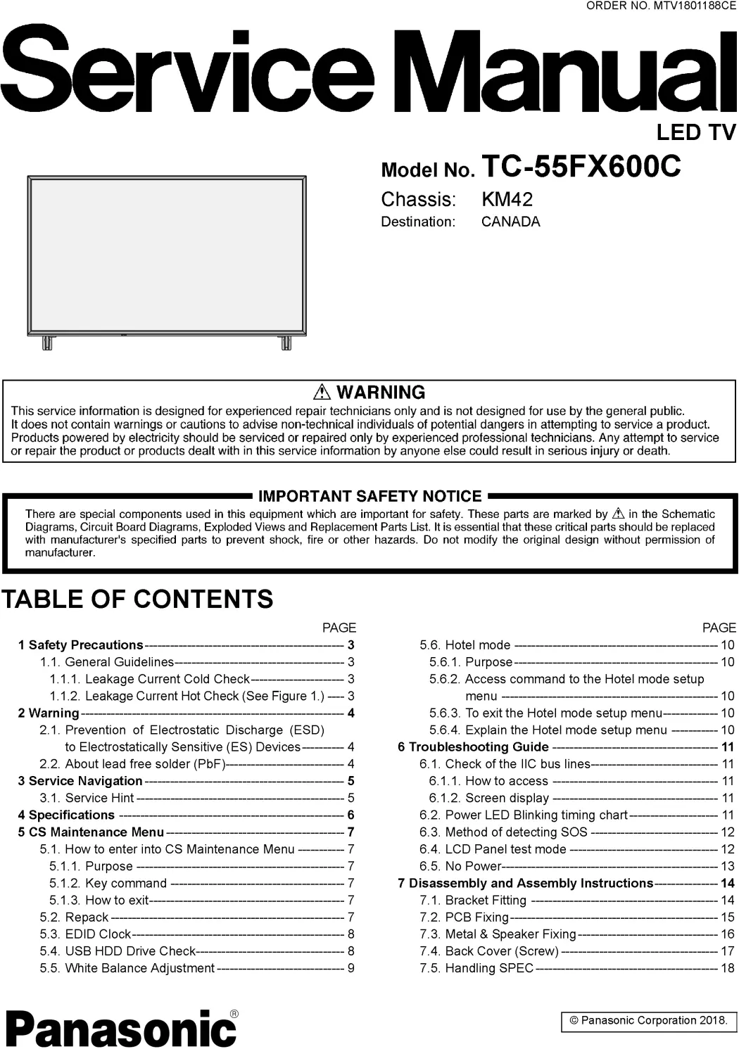 Panasonic tc 55fx600 55fx600c service manual cover with photo of the television, TV type, chassis code, model code, creation date and document number