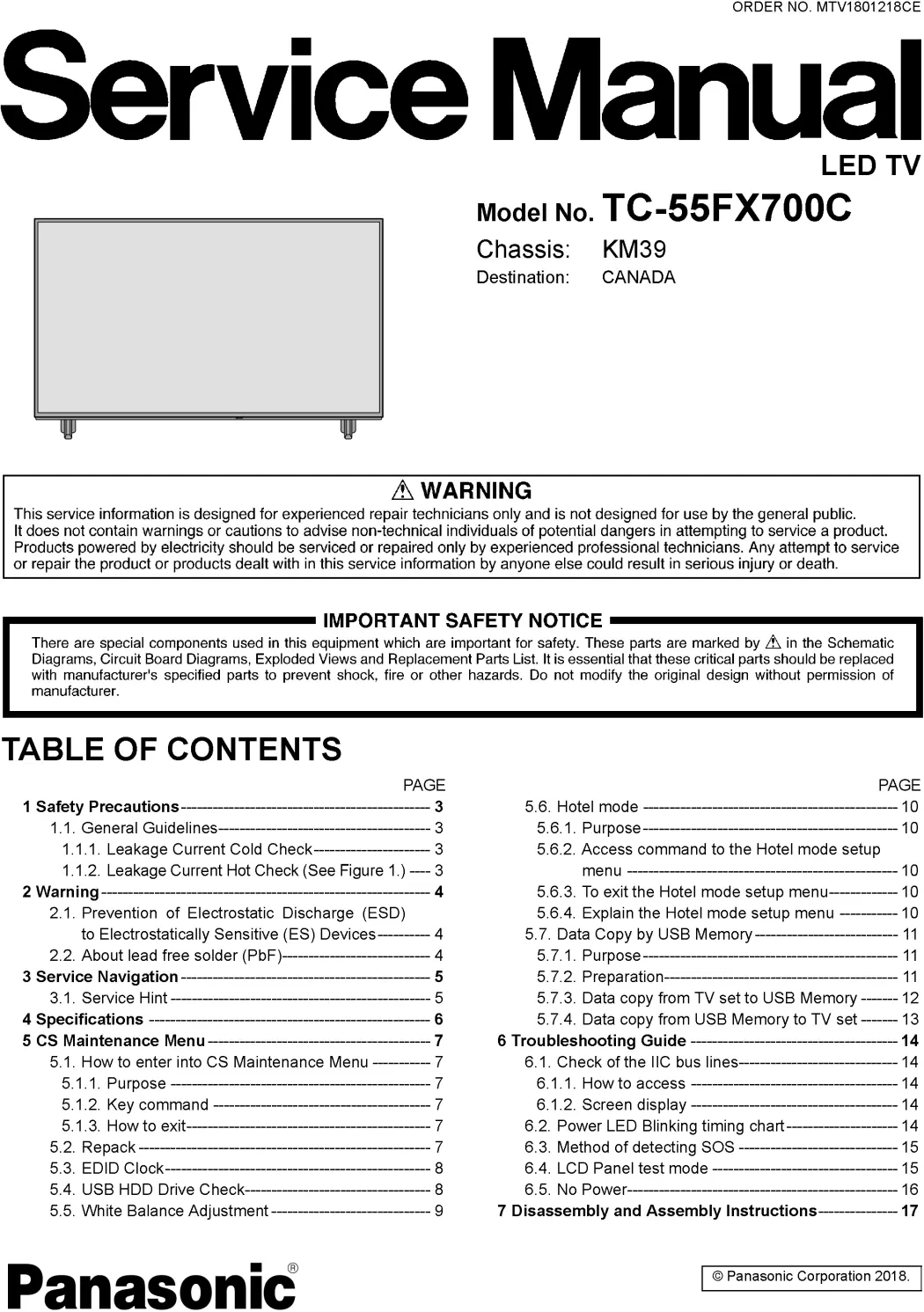 Panasonic tc 55fx700 55fx700c service manual cover with photo of the television, TV type, chassis code, model code, creation date and document number