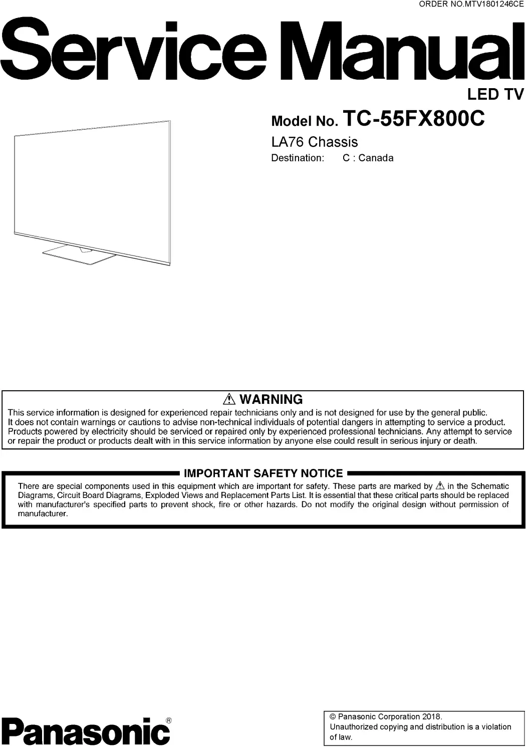 Panasonic tc 55fx800 55fx800c service manual cover with photo of the television, TV type, chassis code, model code, creation date and document number