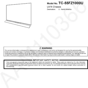 Panasonic tc 55fz1000u service manual cover with photo of the television, TV type, chassis code, model code, creation date and document number
