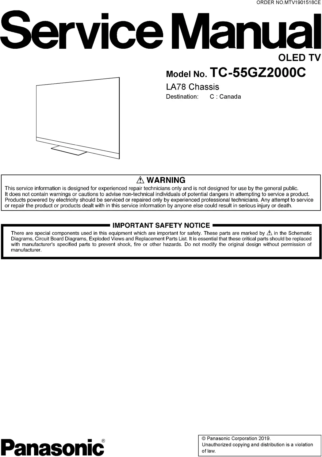 Panasonic tc 55gz2000 55gz2000c service manual cover with photo of the television, TV type, chassis code, model code, creation date and document number