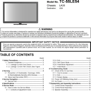 Panasonic tc 55le54 service manual cover with photo of the television, TV type, chassis code, model code, creation date and document number