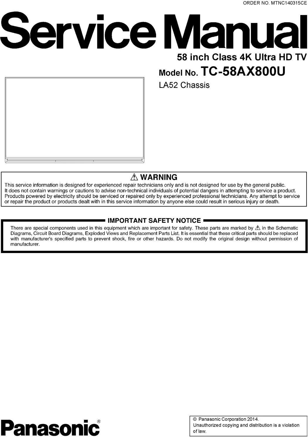 Panasonic tc 58ax800u service manual cover with photo of the television, TV type, chassis code, model code, creation date and document number