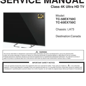 Panasonic tc 58ex750 65ex750 58ex750c 65ex750c service manual cover with photo of the television, TV type, chassis code, model code, creation date and document number