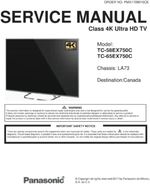 Panasonic tc 58ex750 65ex750 58ex750c 65ex750c service manual cover with photo of the television, TV type, chassis code, model code, creation date and document number
