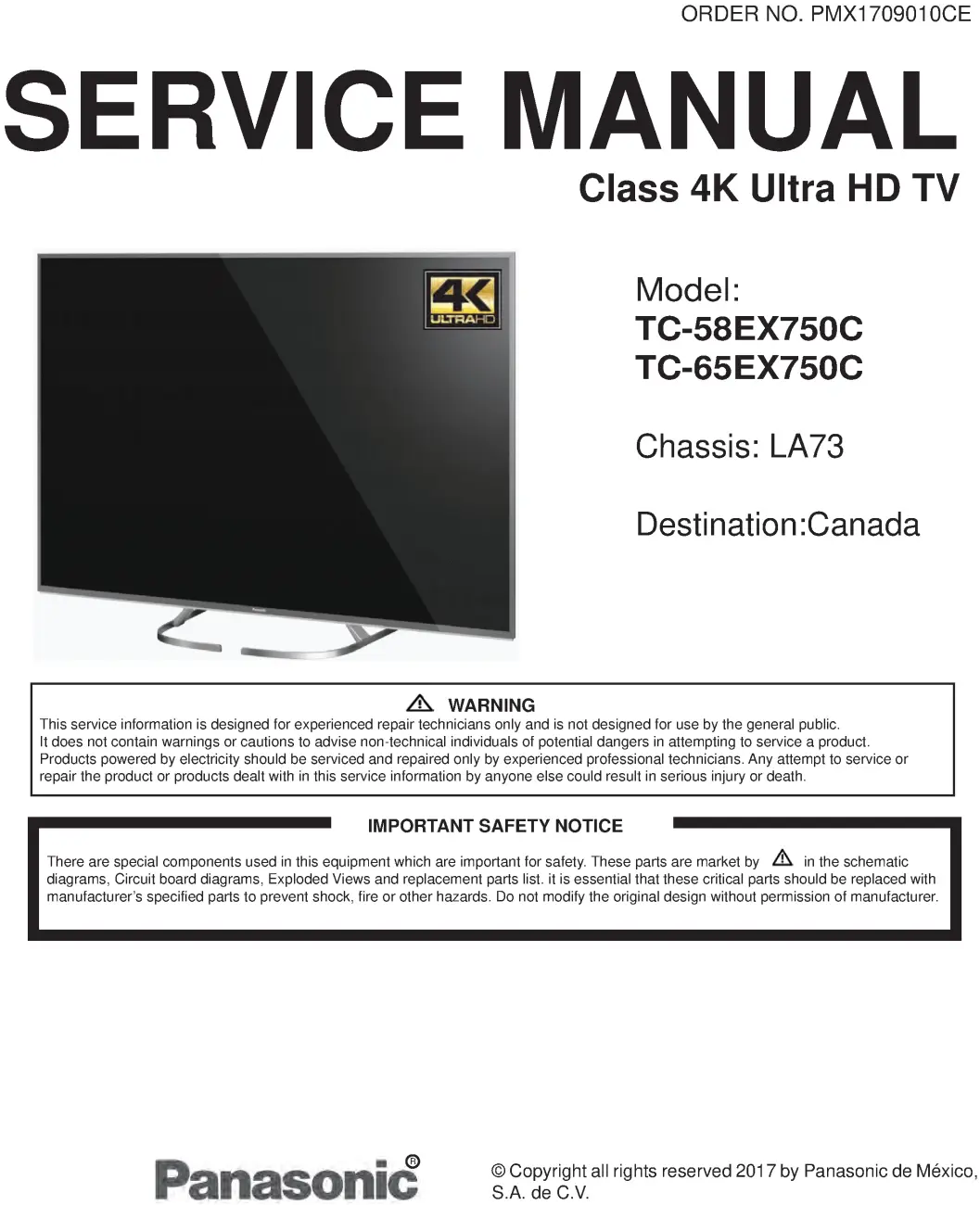 Panasonic tc 58ex750 65ex750 58ex750c 65ex750c service manual cover with photo of the television, TV type, chassis code, model code, creation date and document number