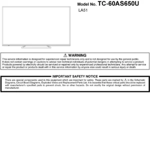 Panasonic tc 60as640u service manual cover with photo of the television, TV type, chassis code, model code, creation date and document number