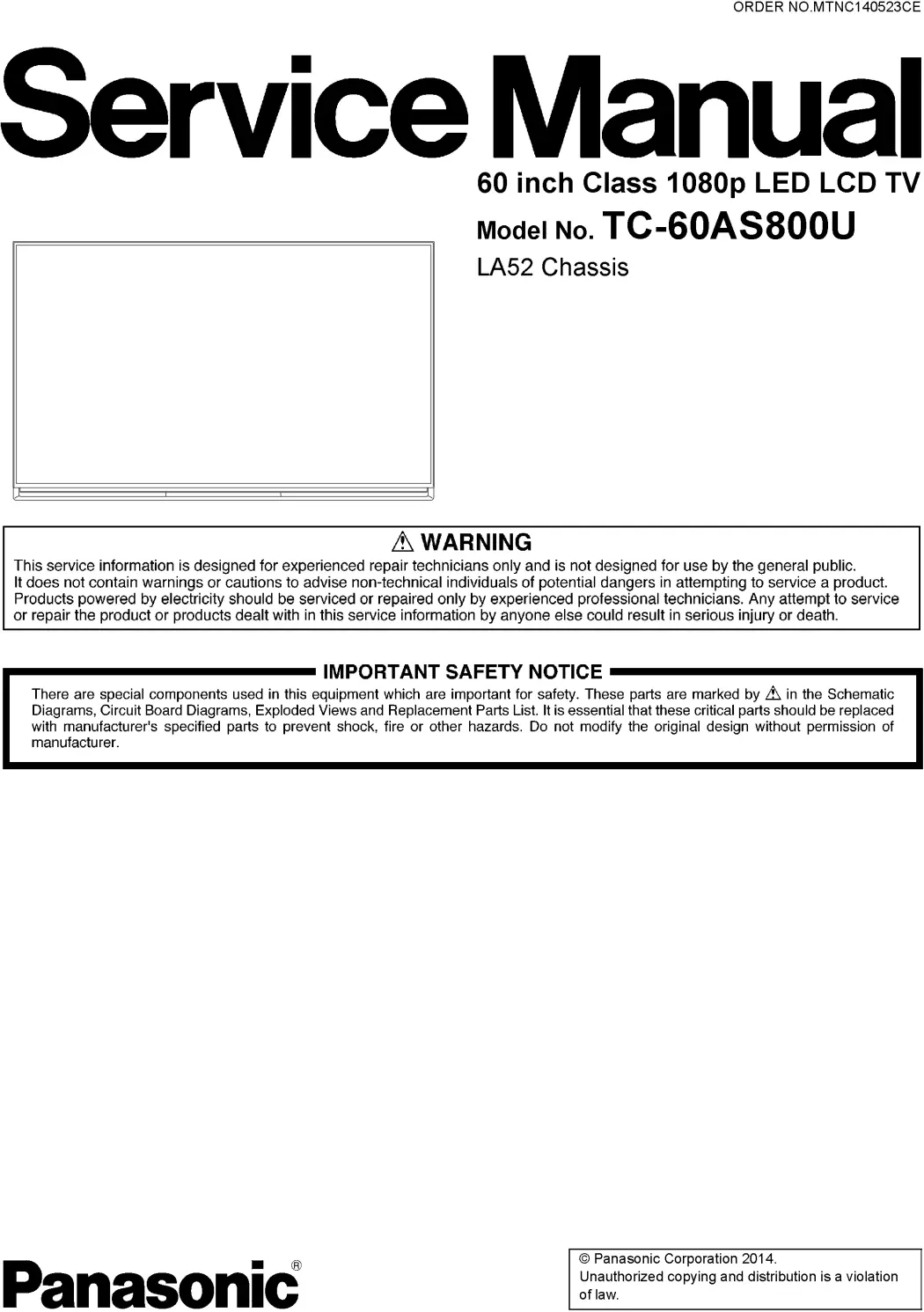 Panasonic tc 60as800u service manual cover with photo of the television, TV type, chassis code, model code, creation date and document number