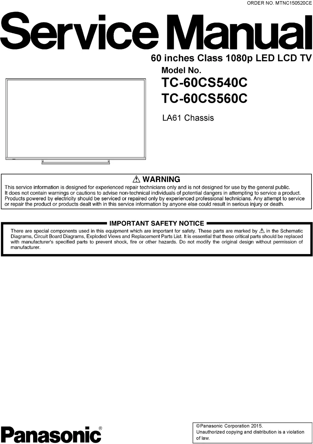 Panasonic tc 60cs560c 60cs540c service manual cover with photo of the television, TV type, chassis code, model code, creation date and document number