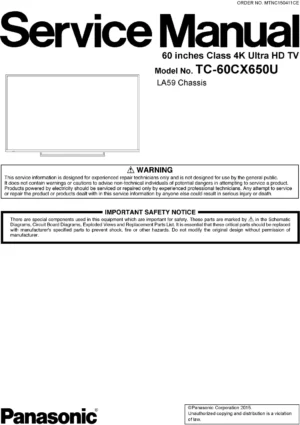 Panasonic tc 60cx650u service manual cover with photo of the television, TV type, chassis code, model code, creation date and document number