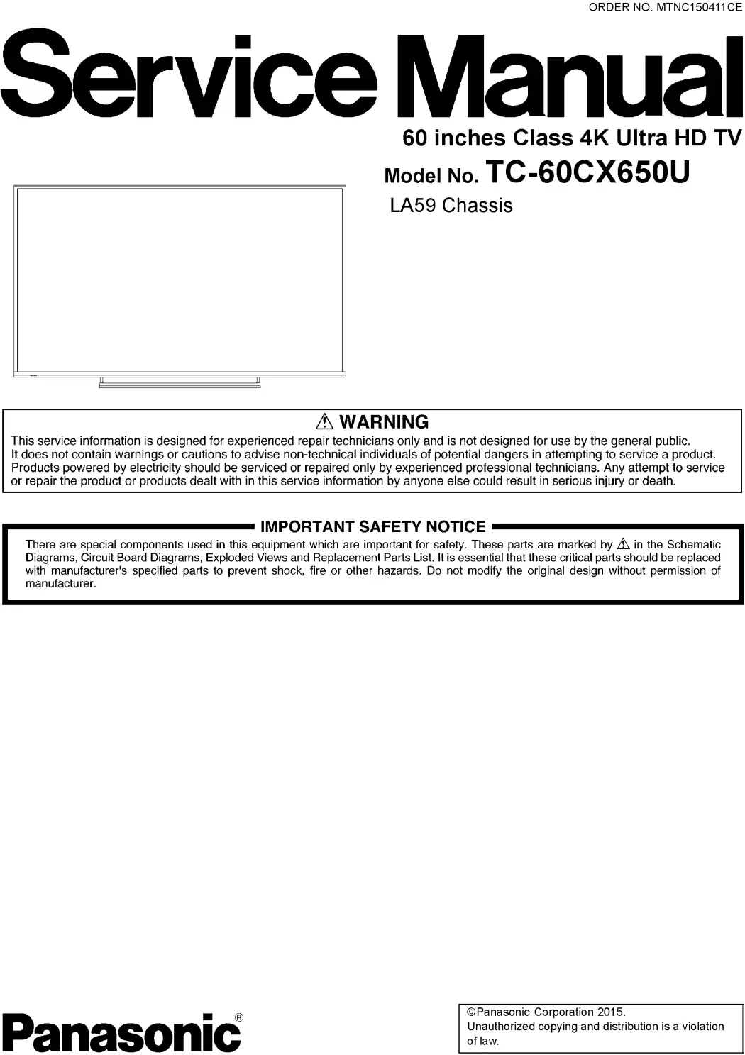 Panasonic tc 60cx650u service manual cover with photo of the television, TV type, chassis code, model code, creation date and document number