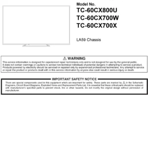 Panasonic tc 60cx800u 60cx700w 60cx700x service manual cover with photo of the television, TV type, chassis code, model code, creation date and document number