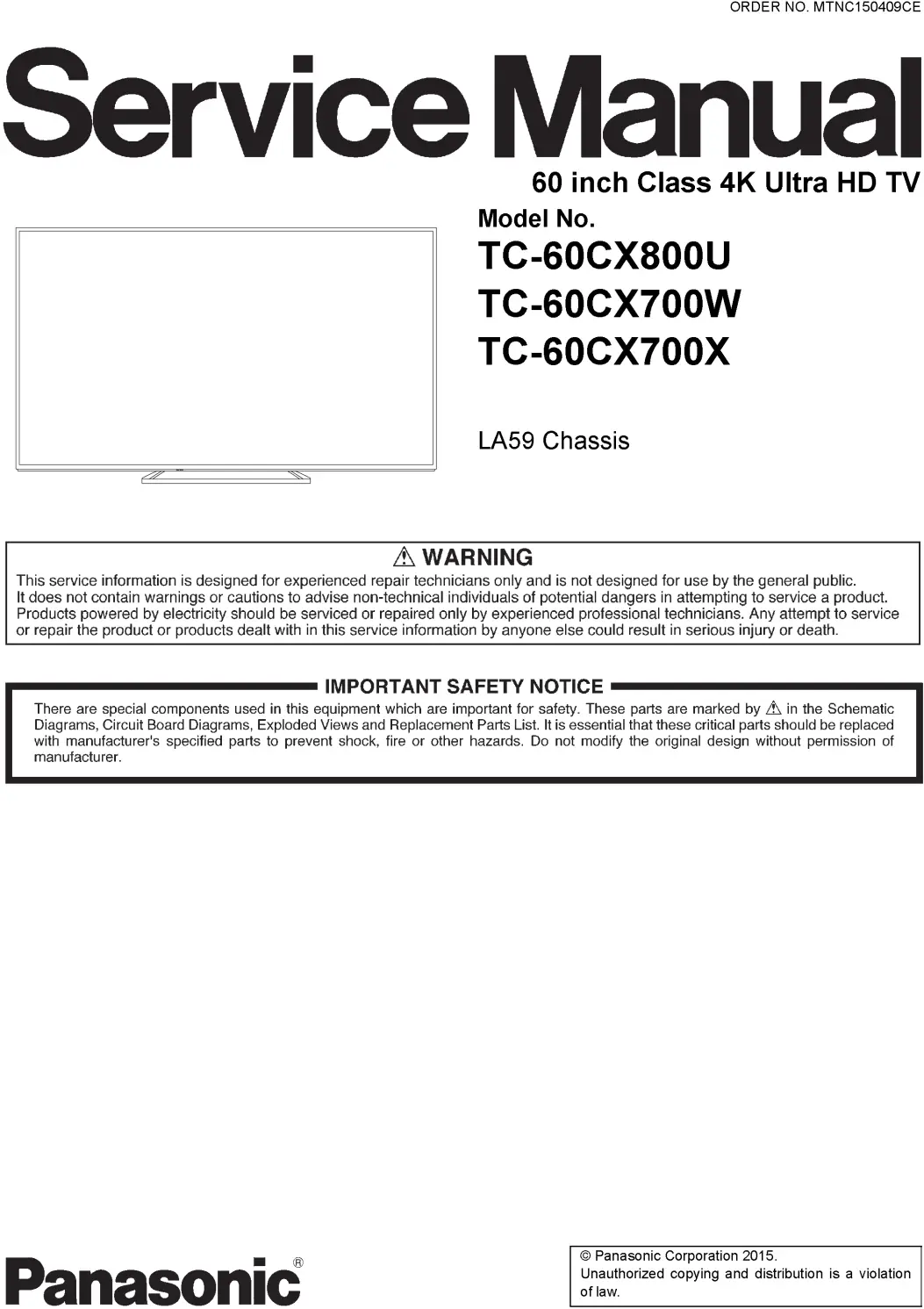 Panasonic tc 60cx800u 60cx700w 60cx700x service manual cover with photo of the television, TV type, chassis code, model code, creation date and document number