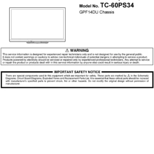 Panasonic tc 60ps34 service manual cover with photo of the television, TV type, chassis code, model code, creation date and document number