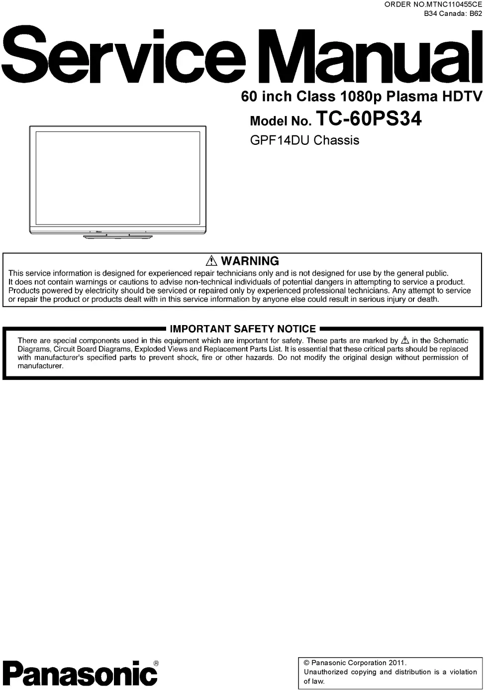 Panasonic tc 60ps34 service manual cover with photo of the television, TV type, chassis code, model code, creation date and document number