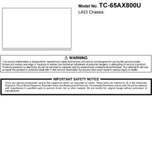 Panasonic tc 65ax800u service manual cover with photo of the television, TV type, chassis code, model code, creation date and document number