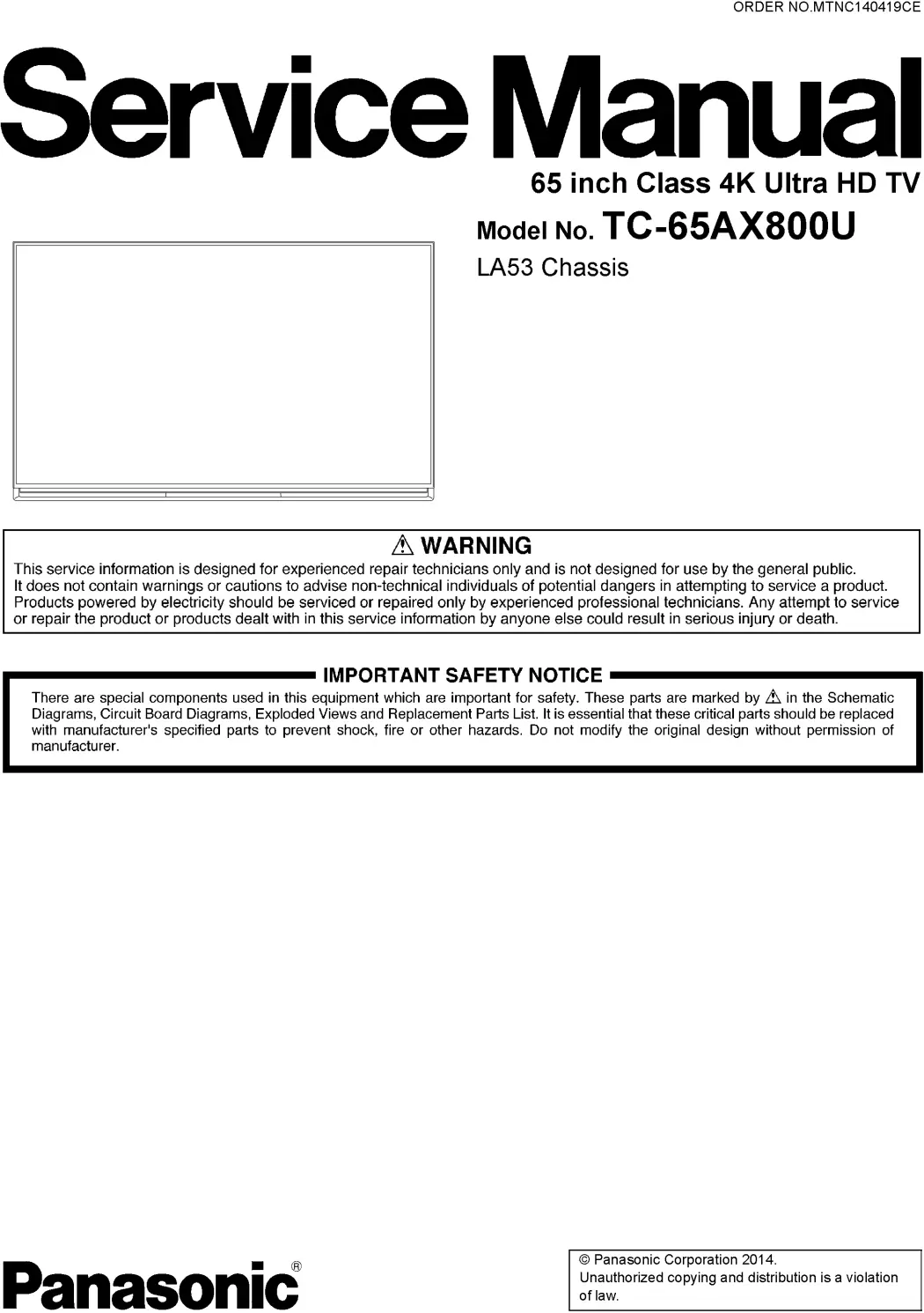Panasonic tc 65ax800u service manual cover with photo of the television, TV type, chassis code, model code, creation date and document number