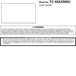 Panasonic tc 65ax900u service manual cover with photo of the television, TV type, chassis code, model code, creation date and document number